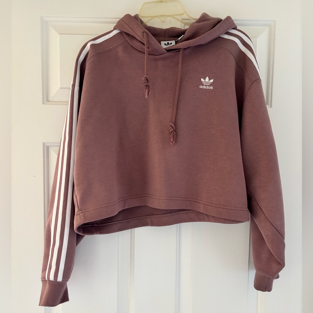 adidas Cropped Hoodie Sweatshirt in Mauve Pink with White Stripes
